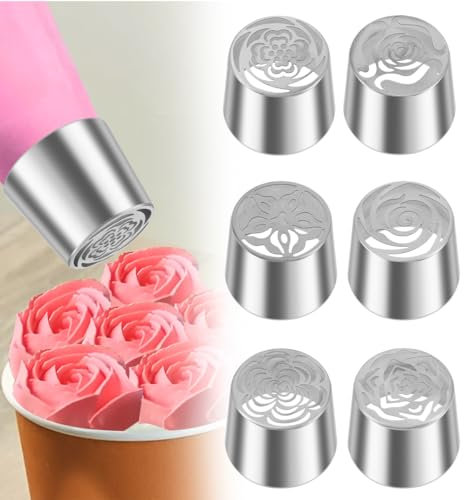 VAVPUP 6 pcs Stainless Steel Russian Piping Nozzles Set Professional Cake Decorating Tips for Realistic Flowers,Grass & Frosting Designs,Icing Tools for Cream,Buttercream & Cookies(6 pcs)