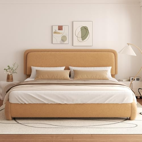 viplov Polsterbett 180 x 200cm,Doppelbett,höhenverstellbarem Kopfteil Bettrahmen,Bett mit Lattenrostmit,Teddystoff,Geeignet für Schlafzimmer,Braun