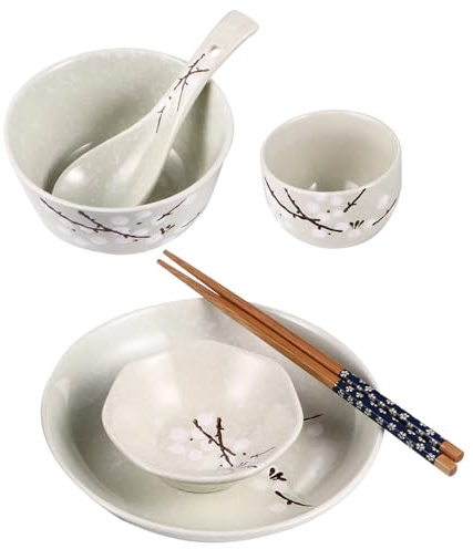 CHILDWEET Bol et Service Complet Assiette 6 Pièces Ensemble de Vaisselle Japonaise Pratique et Sûr en Céramique Tasse, Cuillère et Personne pour Usage Quotidien