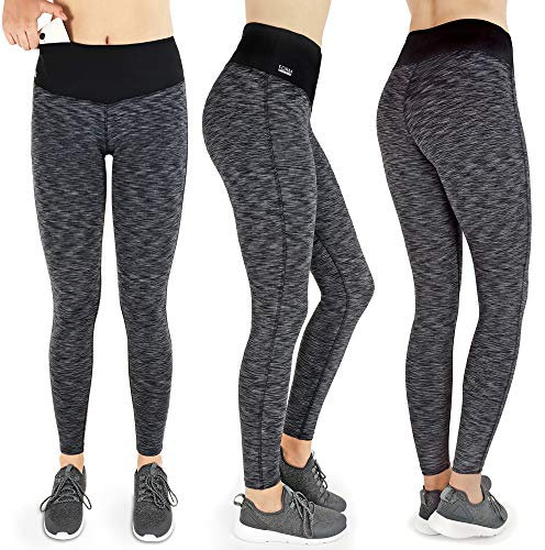 Formbelt Damen Laufhose XL mit Handytasche lang Sport Leggins high Waist Leggings Melange dunkel grau Lauftights für Damen Smartphone Handy (schwarz-grau, XL)