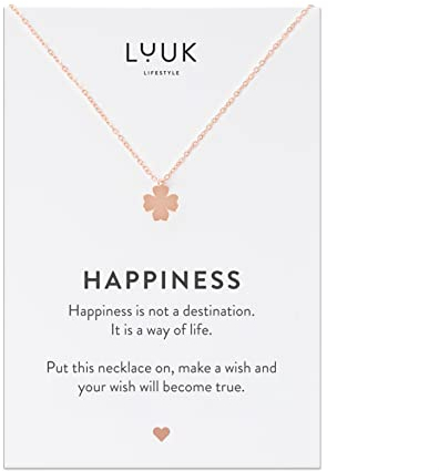 LUUK LIFESTYLE Collier filigrane en acier inoxydable au design raffiné, pendentif trèfle à 4 feuilles et carte HAPPINESS, idée cadeau, porte-bonheur, rose