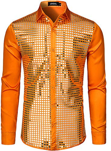 JOGAL Mens Dress Shirt Silver Sequins Long Sleeve Button Down 70s Disco Shirt Party Costume Medium Orange