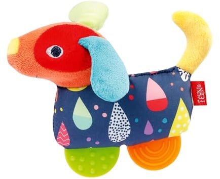 Fehn 055283 Greifling Hund mit Beißer COLOR Friends – Babyspielzeug mit Rassel, Quietsche und Soft-Beißer für Babys und Kleinkinder ab 0+ Monaten – Größe: 16 cm