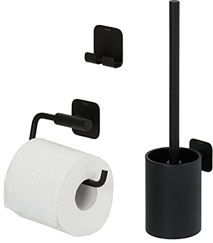 Tiger Colar Badaccessoire-Set, 3-teilig, bestehend aus Toilettenpapierhalter zur Wandmontage, Haken und WC-Bürste, Montage ohne Bohren dank integrierter Klebefolie, Edelstahl, Schwarz