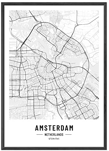 JUNOMI® Amsterdam Poster DIN A2 Schwarz Weiss, DIN A2 Wohnzimmer Deko, Modernes Wandbild, Amsterdam Bild, Wandbild ohne Rahmen, Stadtplan Poster Amsterdam, perfekte Geschenkidee für Amsterdamer