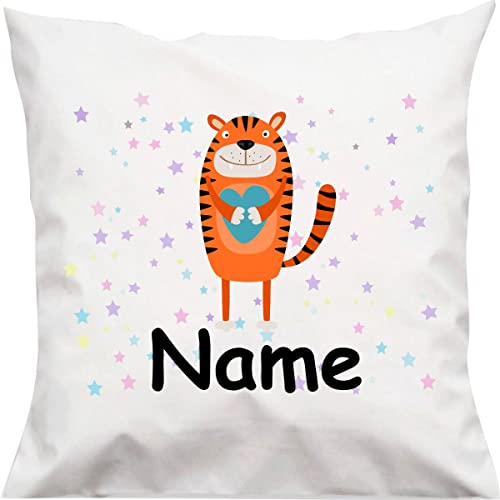 Kuschelkissen Tiermotiv Tiger mit Wunschnamen, Kinderzimmer Kuscheln, Kopfkissen Dekokissen mit Füllung, Größe 40X40cm, Farbe weiß