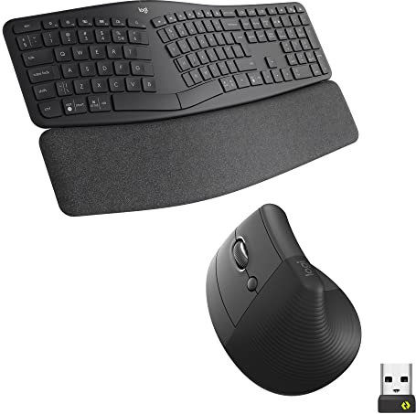 Logitech ERGO K860 Split Wireless Keyboard with wrist support and Lift Left Vertical Ergonomic Mouse, Left-handed, Bluetooth, USB receiver, Quiet, Windows/macOS/iPadOS, Laptop, PC, QWERTY UK - Grey