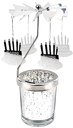 Windlicht Teelichtkarussel Glas Teelichthalter,Silber Karussell Teelichter Kerzenhalter,Motiv Alles Gute zum Geburtstag Windlichter Teelicht Kerzen Halter Geschenk Dekoration für Hochzeit,Weihnachten