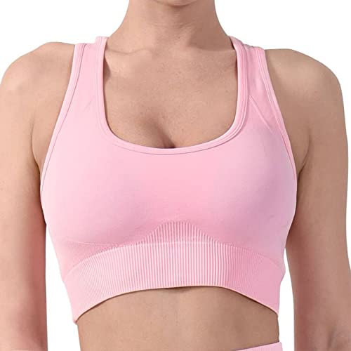 CLDFHX Women Sports Bra High/Mid Impact Support Comfy Seamless Racerback Sports Bras Padded for Fitness Yoga Workout, Pink, XXL