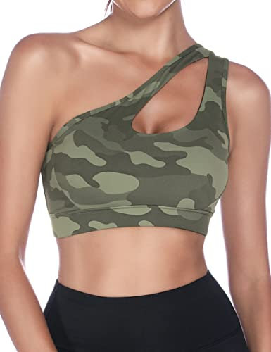 Sykooria Damen One Shoulder Sport BH Workout Yoga BHs Sexy Cute Medium Support Crop Tops, Camouflage Grün, Small