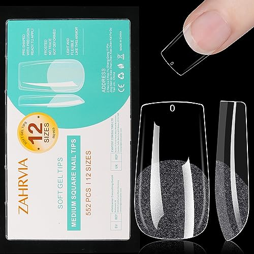 Medium Square Nail Tips - ZAHRVIA 552PCS Full Cover Nail Tips, Soak Off Easy Extensions Acrylic Nails False Press on Nails for Art DIY Home (Medium Square)