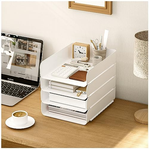 4 Tier Stackable Filing Trays, Letter Tray Organiser Desk Tidy File Document Holder A4 Paper Sorter for Office, School (Vertical White)