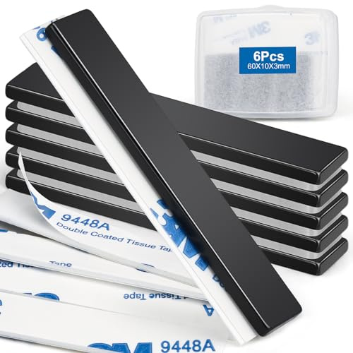 Wzone Imanes de neodimio autoadhesivos, fuertes, 60 x 10 x 3 mm, 6 imanes adhesivos planos, negros, para oficinas, tablas de madera y paredes