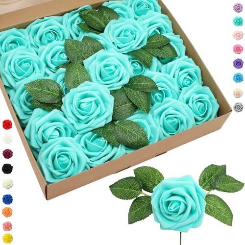 25 rose finte azzurre, fiori artificiali in schiuma realistica al tatto, con stelo, per decorazioni nuziali, addio al nubilato, artigianato, casa, baby shower, San Valentino