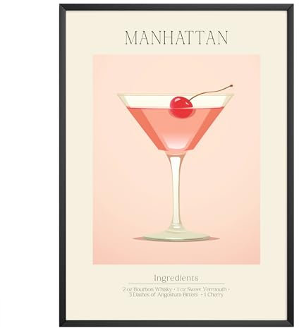MJ-GRAPHICS - Poster Manhattan - Bild mit Cocktail Rezept - Wandbild Din A3 in Galerie Qualität mit extra dickem 300g Posterpapier - Retro Poster Cocktail - FineArt Kunstdruck ohne Bilderrahmen