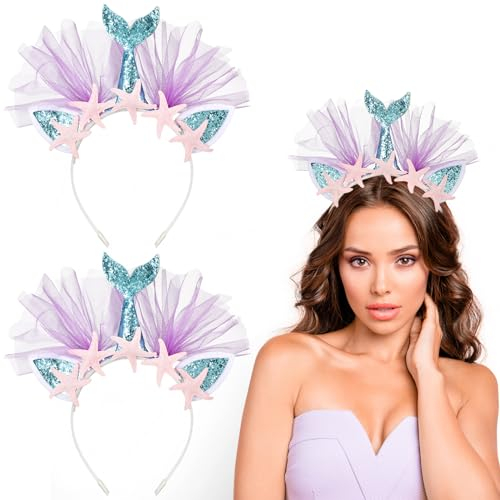 Chuangdi 2 Stück Karneval Haarreifen Kopfschmuck Niedliche Stirnbänder Haarschmuck für Erwachsene Weihnachten Party Kostüm Accessoires(Goldblau,Meerjungfrau)