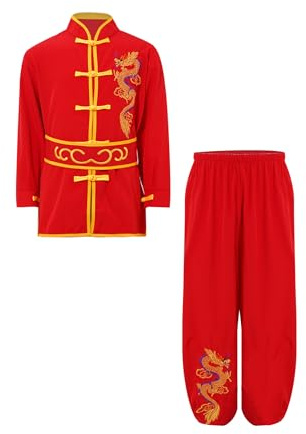 HULIJA Traje tradicional chino Wushu de manga larga para niños, parte superior de Kung Fu + pantalones largos + cinturón de artes marciales, rojo, 122-128