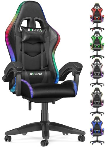 bigzzia Ergonomique Chaise Gaming avec éclairage LED Effets, Dossier Hauteur Réglable, Fauteuil Gaming LED avec Lombaire&Appui-Tête Appui, Chaise de Bureau Adultes Enfants (avec LED Effets, Noir)