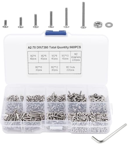 VMUTGA 660 Pezzi M2 Viti Dadi e Rondelle Set, M2 Bulloni a Testa Piatta con Esagono Incassato Acciaio Inox Viti a Cilindrica Dadi Rondella Assortimento Kit con Chiave e Scatola di Immagazzinaggio