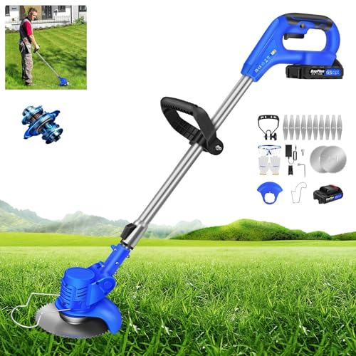 DayPlus kabellose Grasschere 24V, 90° schwenkbarer Kopf, 10×Metallklingen, 2× Kreissägeblätter, mit 1,5Ah Akku und Schnellladegerät, zum Trimmen von Gras und Unkraut