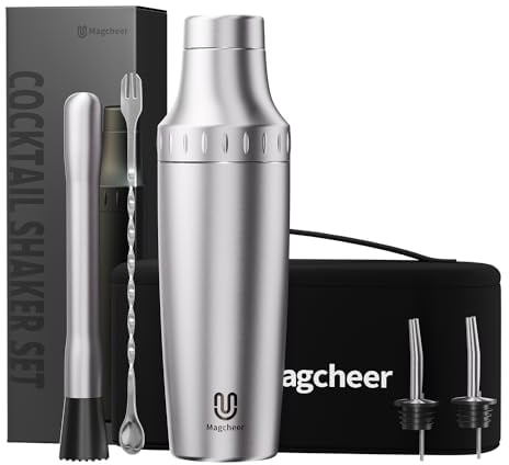 Magcheer Shaker Cocktail Set Professionale Kit Barman 5 Pezzi con Bilancia Integrata(850ml) Lusso Shaker per Cocktail con Filtri Frangighiaccio e Custodia Regalo per Bar, Casa, Festa(Argento)