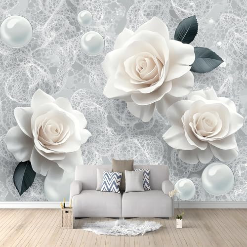 Papier Peint Panoramique 3D Fleur Rose Perle Blanche 200x140 cm Papier Peint Photo Mural Intissé, Poster Tapisserie Mural Personnalisé 3D Pour Salon Chambre Décoration Murale