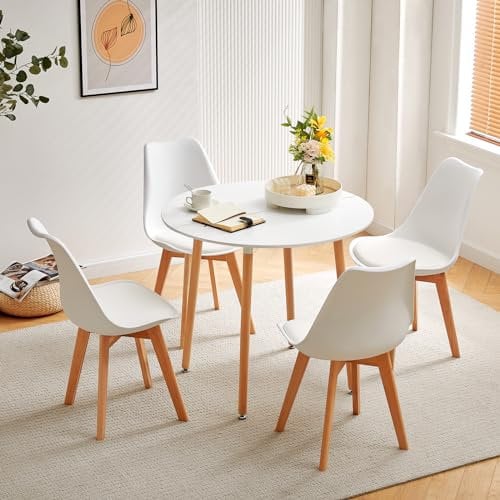 H.J WeDoo Rund Esstisch mit 4 Stühle Essgrupp, 90cm Küchentisch und 4er Set Esszimmerstühle Esszimmergruppe Sitzgruppe für Küche Wohnzimmer (Weiß Tisch+4 Weiß Stühl)