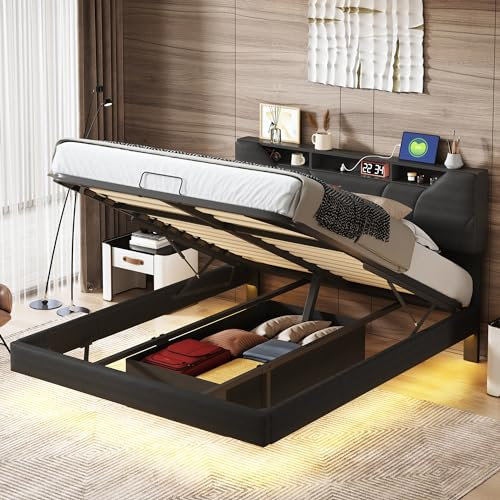 MIOOSUT Polsterbett, 140 x 200 cm, mit LED-Beleuchtung, Bett mit USB-Aufladung, Doppelbett mit Klapp-Kopfteil, Stauraum, PU, ohne Matratze (Schwarz, 140 x 200 cm)