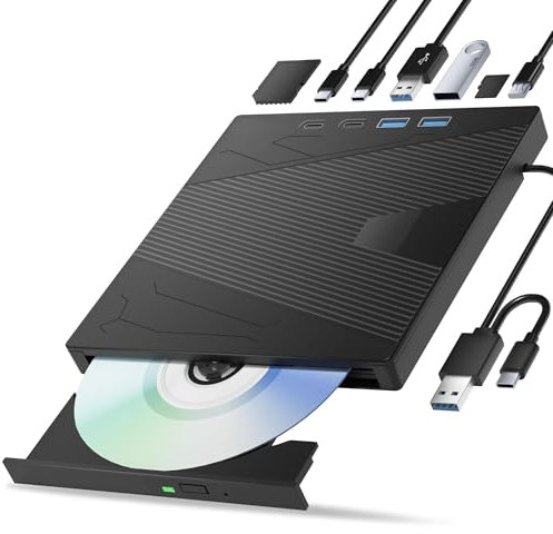 External CD/DVD Drive for Laptop, 7-in-1 DVD Player for Laptop USB 3.0 & Type-C Portable CD Burner External Disk Drive Optical Compatible with Latptop PC Windows XP/7/8/10, Linux MacOS