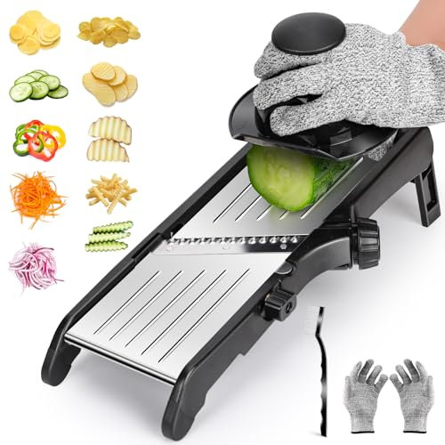 MASTERTOP Mandoline Vegetable Slicer, Kitchen Mandoline Food Slicer with Multi Functional Blades, Stainless Steel Vegetable Chopper for Cucumber, Potato, Send Cut Proof Gloves and Cleaning Brush