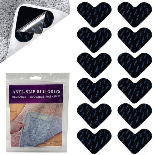Kryzulax Antirutschmatte für Teppich,12 Stück Teppich Antirutschunterlage Teppichstopper,Herzförmige Rutschmatte für Teppich,Starke Klebrigkeit und Leicht zu Entfernen,Schwarz