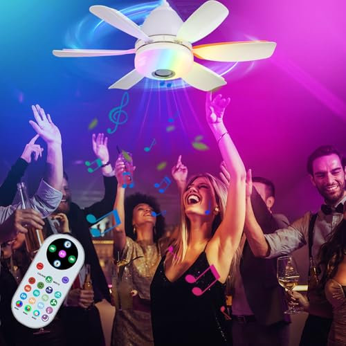 20 Socket Fan Light with Remote, Ceiling Fan with Music Rhythm & Timing, 3 Speed Wind Light Bulb Fan for E26/E27 Base RGB & Brightness Adjustable LED Mini Ceiling Fans for Bedroom/Garage/Kitchen
