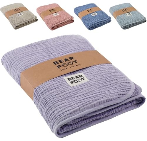BEARFOOT Babydecke - Musselin Fleecedecke (Baumwolle, Fleece) flauschig weiche Kuscheldecke, Baby/Neugeborene/Kinder Geschenk Junge & Mädchen zur Geburt (Lavender)