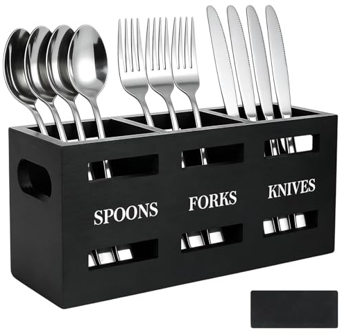 Vookkp Kitchen Utensils Holder Wood Cutlery Holder Black Cooking Utensil Organizer with 3 Compartments & Drainage Bottom, Flatware Caddy for Countertop, Farmhouse, Forks Spoons Cutters Storage