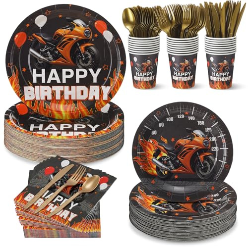 Willinglong 168 Pcs Motorcycle Birthday Decorations Orange Black Disposable Tableware Set Flame Motocross Theme Paper Plates Napkins Dinnerware Kit Birthday Party Supplies, Serves 24
