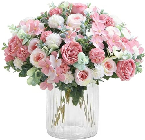 2 Bunches Roses Peonies Artificial Flowers, Pink Artificial Roses Peonies, Silk Peonies Flowers Hydrangea Bouquet for Centerpiece Table Wedding Party Home Decor (Pink)