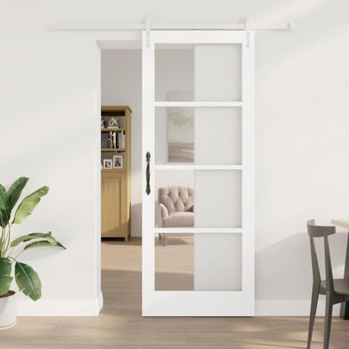 Kaloriko Puerta corredera blanca 83 x 211 cm madera maciza de pino y cristal con herrajes para puerta corredera y marco, deslizamiento silencioso para vivienda, puerta interior con aislamiento y