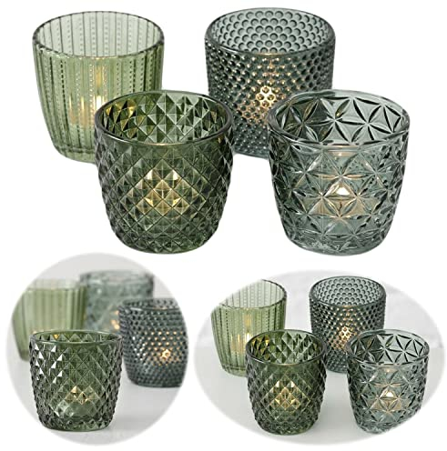 LS-LebenStil 4X Glas Teelichthalter Retro Grün 7cm Windlicht-Halter Kerzenständer