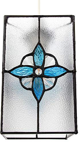 Traditional Clear Glass Tiffany Style Rectangular Pendant Light Shade with Teal Panels | 21cm Height | 60w Maximum by Happy Homewares