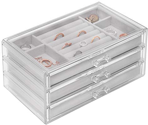 Sasha Morel Jewellery Box with 3 Storage Drawers | Earring Storage Organiser for Ring Bracelet Necklace Storage Box | Acrylic Display Case Gift Box | Jewellery Organiser Gifts for Women (Grey)