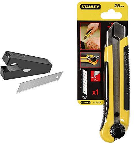 Stanley 3-11-301 Lame De Cutter 18 Mm 50 Lames - Épaisseur Renforcée 0,55Mm - Longueur 110Mm & 0-10-425 Cutter 25 mm Bi-matière Dynagrip - Blocage de La Lame - Chariot Porte-lame