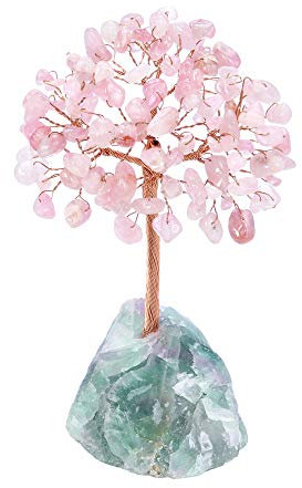 CrystalTears Árbol de cristal de cuarzo rosa, cristales curativos de Reiki, bonsái, base de piedra, adorno de cristal de Feng Shui para decoración del hogar 4.7 a 5.1 pulgadas