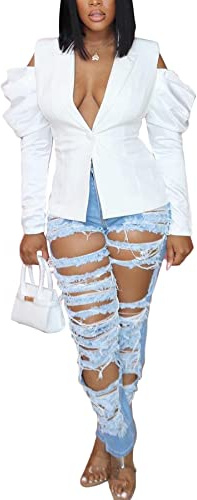 DINGANG Womens Cold Shoulder Open Front Blazers Long Sleeve Jacket Windbreaker White