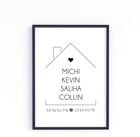 Zuhause Koordinaten Poster personalisiert mit Namen in A4 oder A3 als Einweihungsgeschenk oder Geschenk-Idee zum Einzug Einweihung Jahrestag Richtfest Umzug