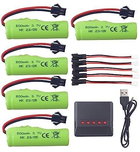 Double-sided RC Car 3.7V 500mAh Lithium Battery with 5 in 1 Charger for DE35 DE38 DE40 DE50 TB202 TB201 TM201 TM202 TC141 DE44 DE55 TS201 TD202 TD161 off-road Toy Car Rechargeable Battery