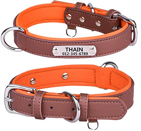 THAIN Personalised Dog Collars microfiber leather with free engraved name plate, neoprene padded Pet Collar for Puppy Small Medium Large Dogs (Brown, XL(neck 18.1-22))