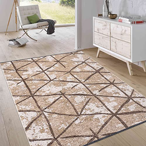 Jimri Kurzflor Wendeteppich - Flach gewebter Teppich für Schlafzimmer & Wohnzimmer, Eingang, Flur - Maschinengefertigt, weicher Polyester- & Baumwoll-Läufer - Rauten-Beige, Grösse : 115x170 cm