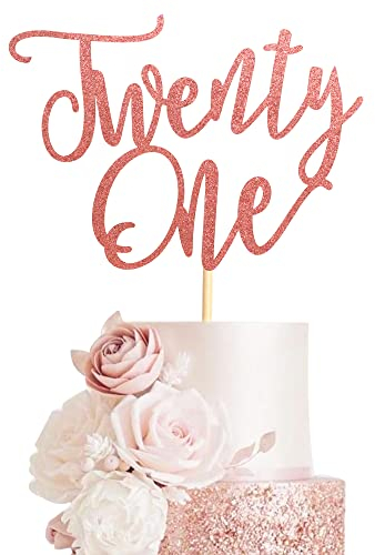Arthsdite 1Pc Twenty One Cake Topper - 21st Happy Birthday Cake Decorations, 21 Birthday Party Decor, Wedding Anniversary Party Decorations - Rose Gold Glitter