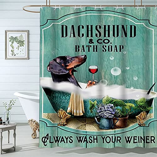 Famiffty Hunde-Duschvorhang, lustiger Duschvorhang, 183 x 183 cm, Dackel, Duschvorhang, Badeseife, Waschen Sie Ihre Pfoten, lustig, Ozeanblaugrün, Badewanne, Vintage-Holz, wasserdicht,