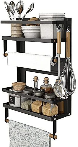 MINGYI Étagère Réfrigérateur Magnétique, Étagère à Épices Magnétique, Organisateur de Cuisine Mural, avec Crochets et Barre (Noir, 30×11×40 cm)